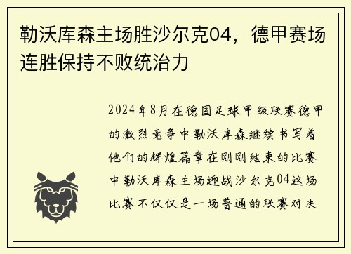 勒沃库森主场胜沙尔克04，德甲赛场连胜保持不败统治力