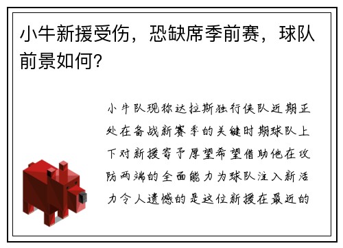 小牛新援受伤，恐缺席季前赛，球队前景如何？