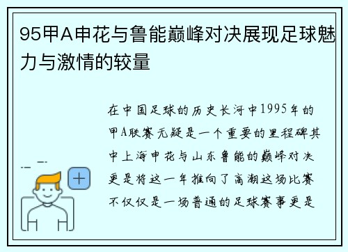 95甲A申花与鲁能巅峰对决展现足球魅力与激情的较量
