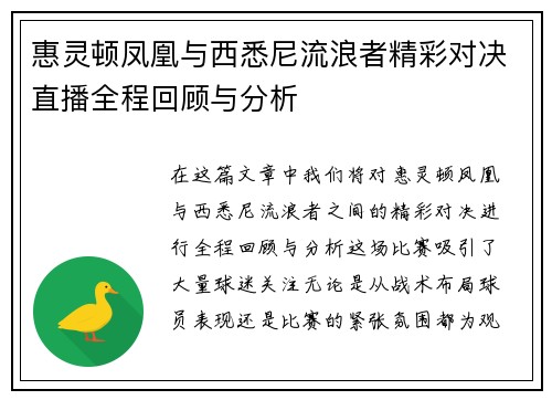 惠灵顿凤凰与西悉尼流浪者精彩对决直播全程回顾与分析